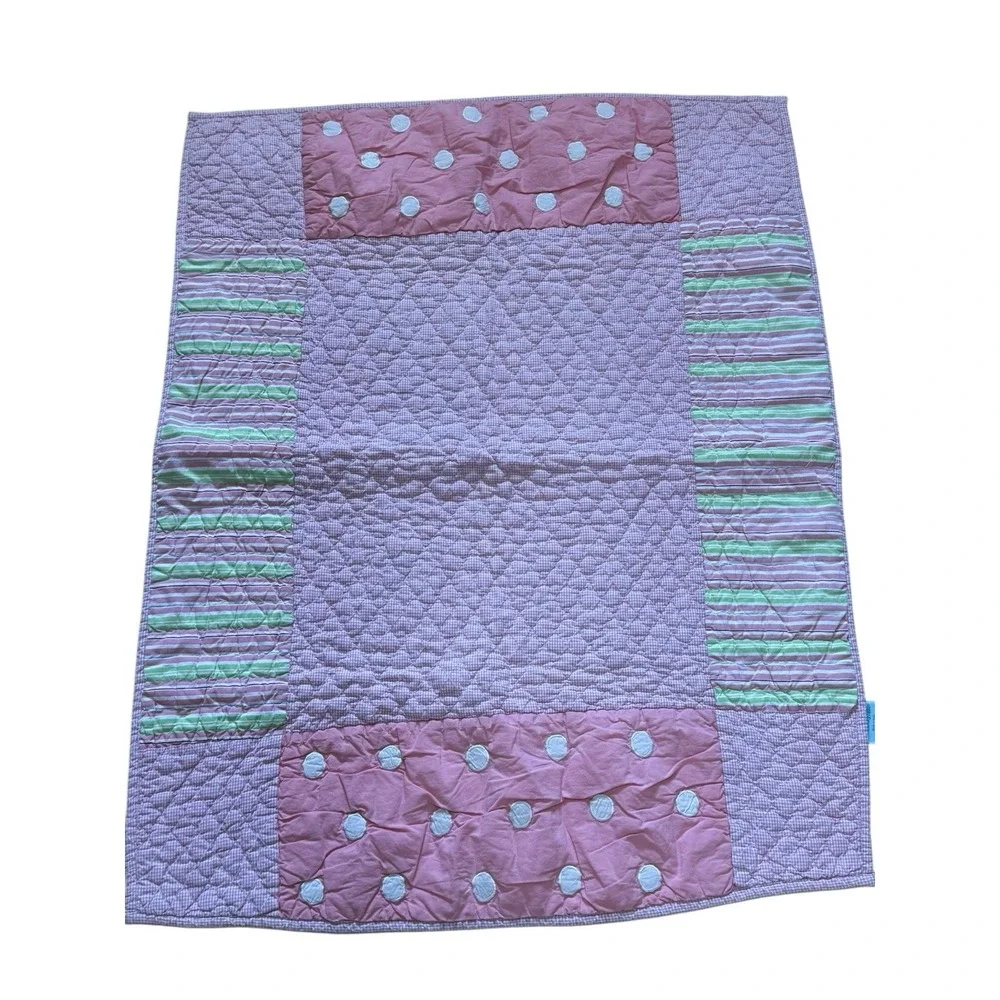 Crate‎ & Barrel Land Of Nod Pink Gingham Stripe Polka Dots Baby Girls Crib Quilt